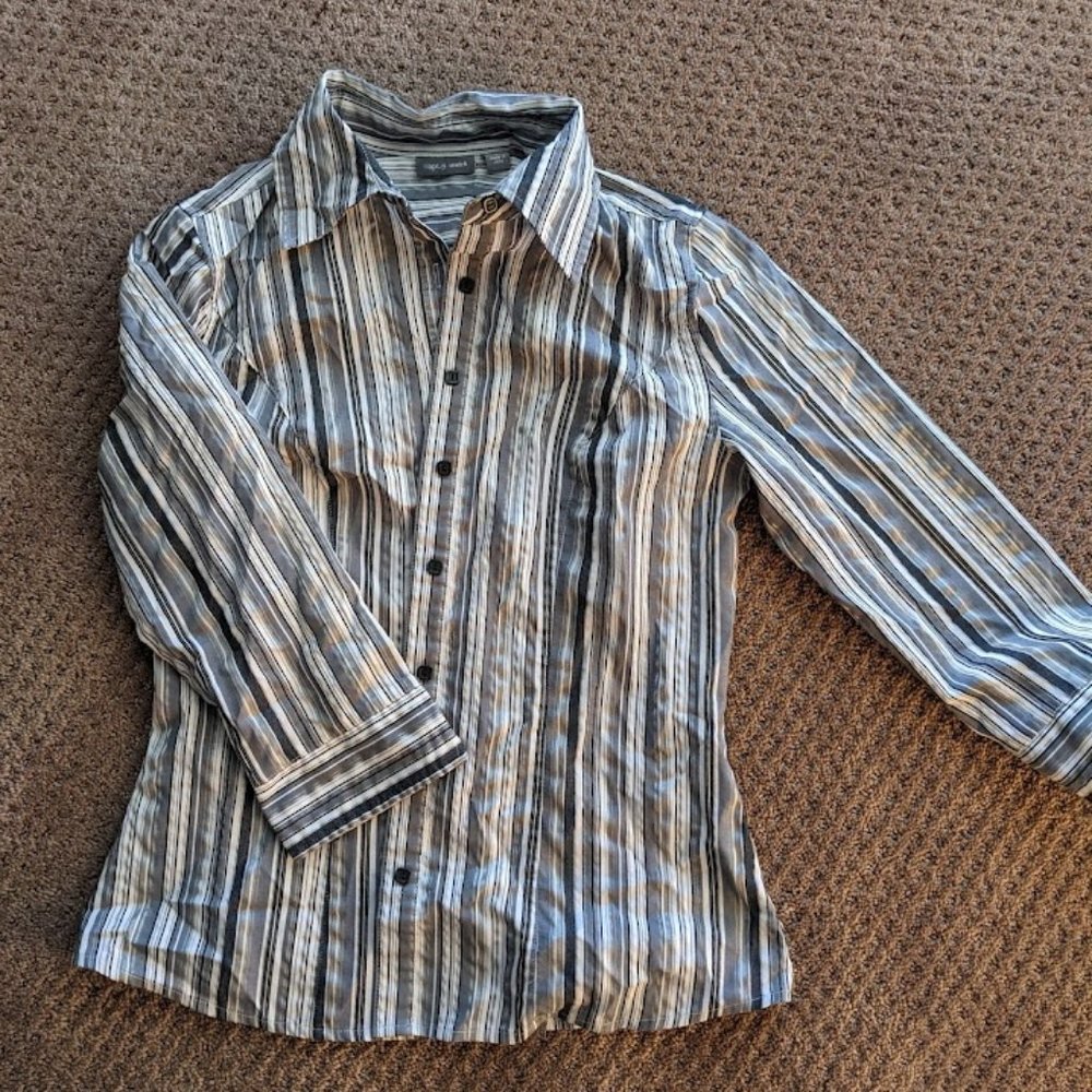 apt. 9 stretch, White and Black Striped, 3/4 Length Sleeve, Women's Blouse